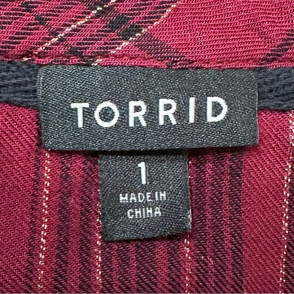 Torrid Burgundy Gold Plaid Button Down Shirt, Size 1X - Picture 9 of 12